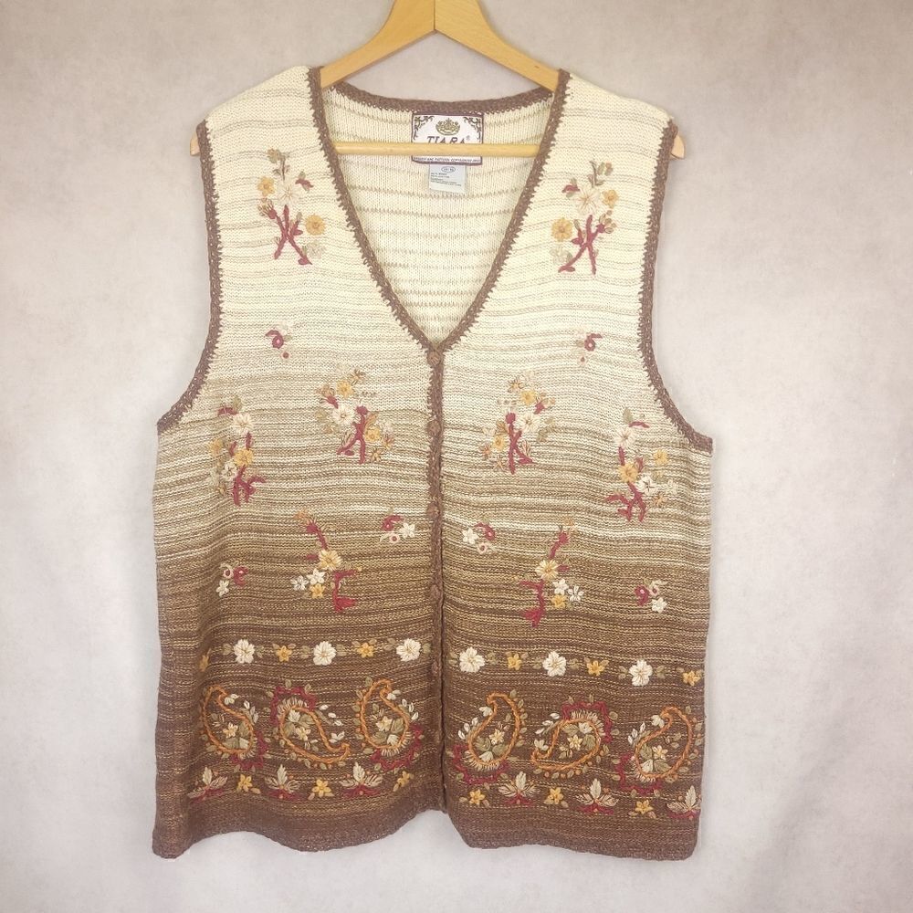 Vintage Knit Embroidered Tan Brown Ombre Floral Buttondown Vest size 14/16 XXL